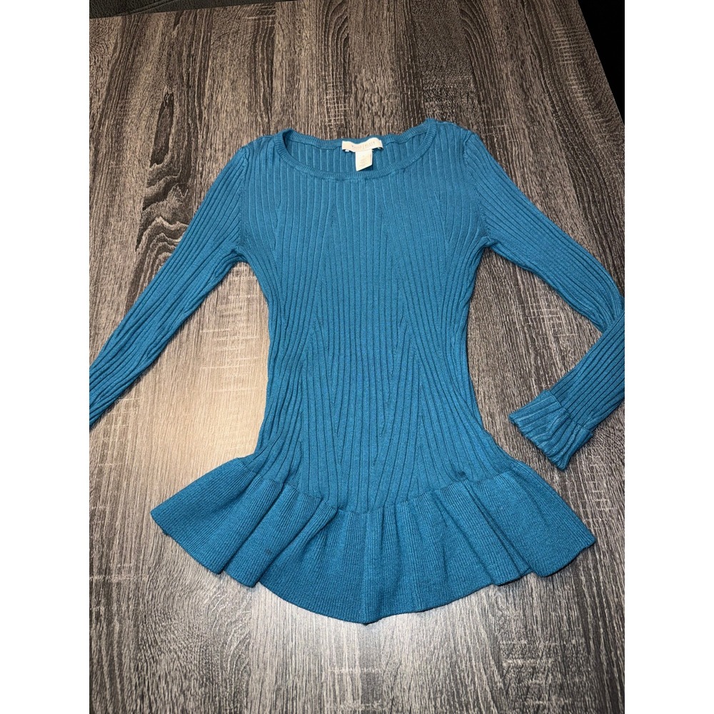 White House Black Market Teal Ribbed Peplum Sweater Top Small Quiet Luxury y2k